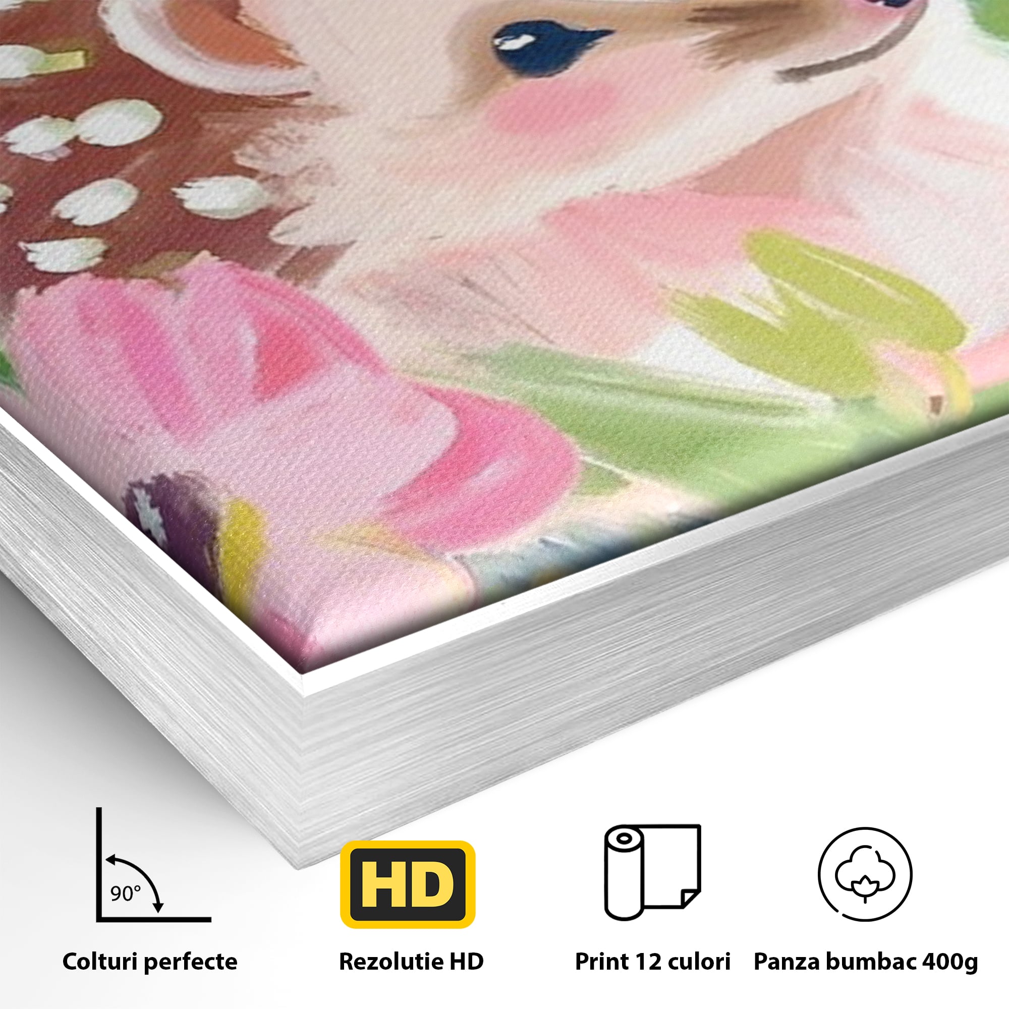 Detaliu al suprafetei: tablou canvas cu arici si flori, in rama de aluminiu argintiu